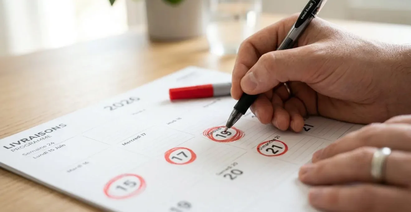 Gros plan sur un calendrier mural moderne avec des dates encerclées au marqueur rouge, main tenant un stylo, mise au point sélective